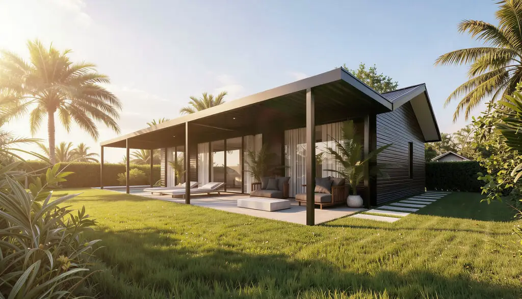 Contemporary tropical villa featuring sleek architecture, outdoor lounge seating, and lush landscaped gardens.