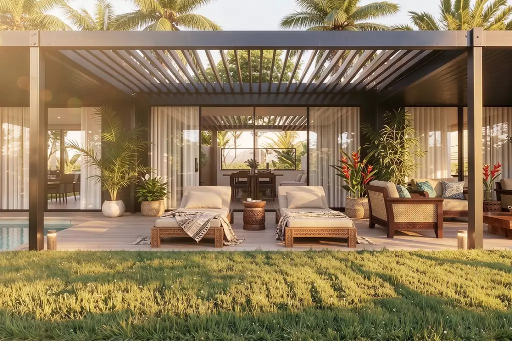 Luxury villa featuring a private patio with lounge chairs, tropical plants, and spacious indoor-outdoor living.
