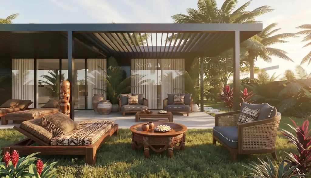 Modern villa featuring a covered patio, elegant outdoor seating, and tropical landscaping.