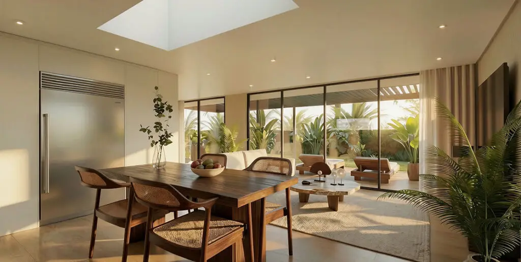 Modern villa featuring an open-concept dining and living area with contemporary furniture and abundant natural light.