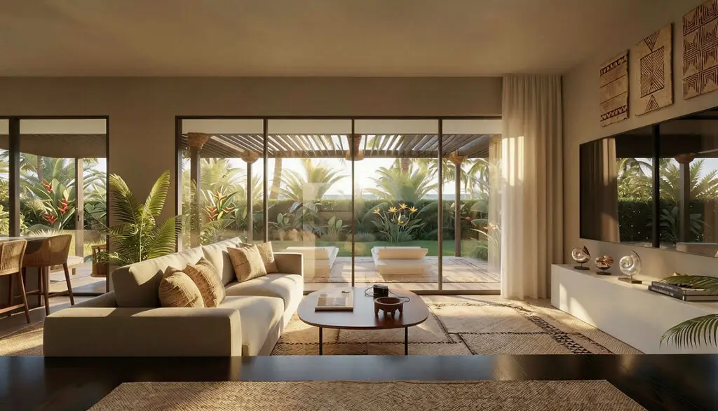 Modern open-plan living room with contemporary furnishings, large sliding glass doors, and tropical garden views.