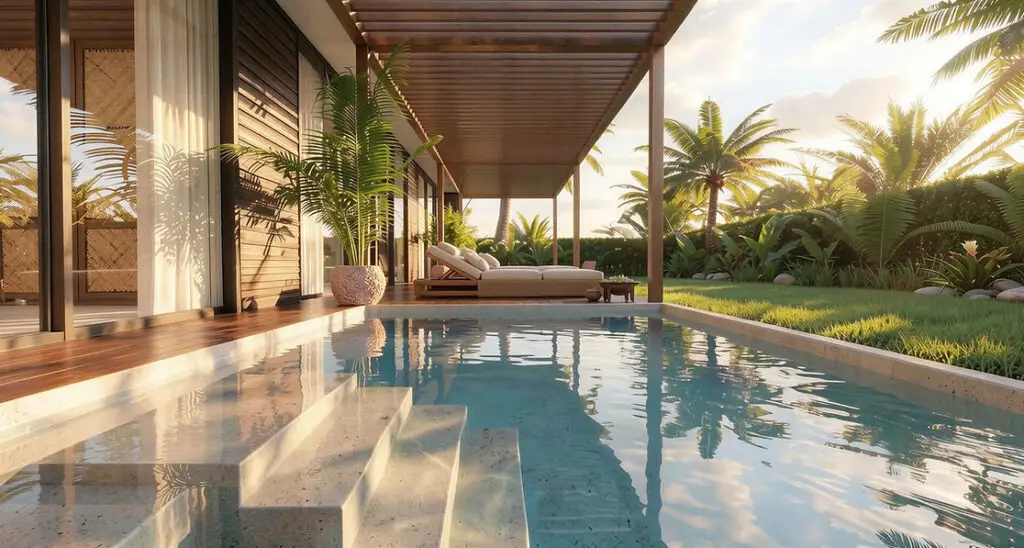 Modern villa with a poolside terrace, elegant outdoor seating, and tropical landscaping.